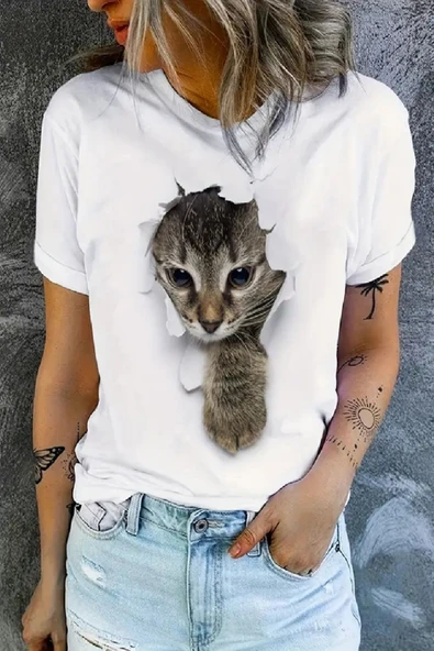 Kedi Baskılı Original Ünisex %100 Pamuklu Yeni sezon Yazlık T-shirt ürün görseli 1