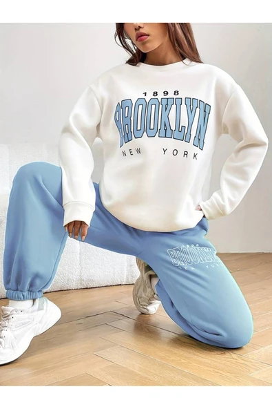 Brooklyn Baskılı 3 İplik Unısex Oversize Eşofman Takımı %100 Pamuk ürün görseli 1