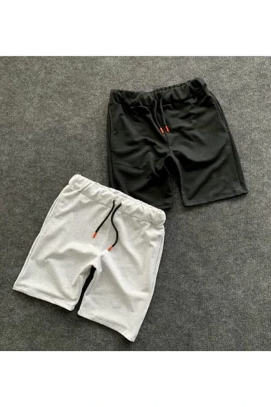 Unisex Slim Fit Gri Siyah Pamuklu Yazlık Şort 2'li ürün görseli 1