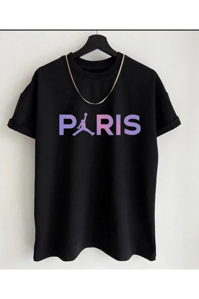 Unısex Renkli Paris Yazılı Dijital Baskılı Siyah Oversize T-shirt ürün görseli 1