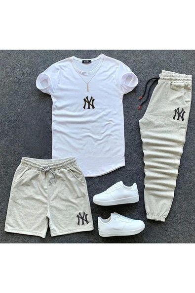 NY Baskılı Original Ünisex Yazlık Şort T-shirt Eşofman Altı 3 lü Set Combin Takım ürün görseli 1