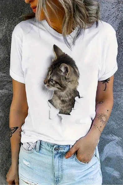 Kedi Baskılı Original Ünisex %100 Pamuklu Yeni sezon Yazlık T-shirt ürün görseli 1