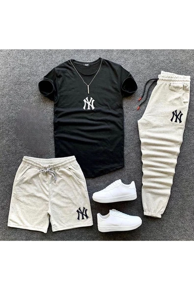 NY Baskılı Original Ünisex Yazlık Şort T-shirt Eşofman Altı 3 lü Set Combin Takım ürün görseli 1