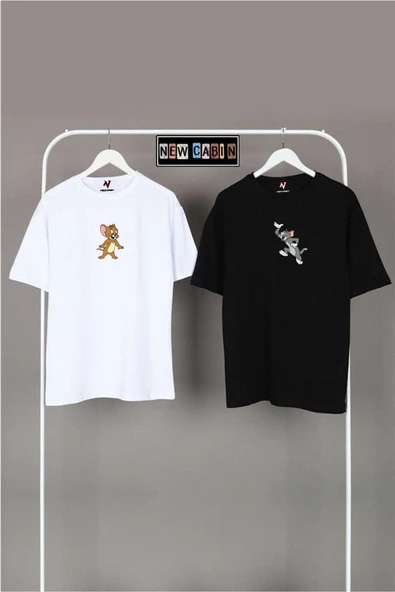 Yeni Sezon Unisex Siyah Gri Oversize Çift Kombinleri 2'li T-shirt ürün görseli 1