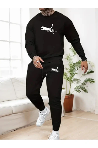 Eşofman Takımı  Leopar Baskılı Unisex Kışlık Kalın Pamuklu Sweatshirt Ve Eşofman Altı 2' Li Set ürün görseli 1