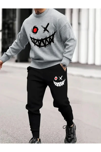 Eşofman Takımı Gülen yüz baskılı Unisex kışlık Kalın pamuklu Sweatshirt ve Eşofman altı 2' li set ürün görseli 1