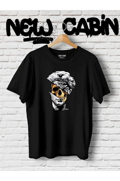Yeni Sezon Unisex Skull Heykel Ön Baskılı Siyah Oversize Tişört ürün görseli 1
