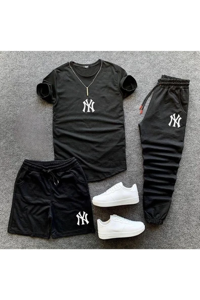 NY Baskılı Original Ünisex Yazlık Şort T-shirt Eşofman Altı 3 lü Set Combin Takım ürün görseli 1