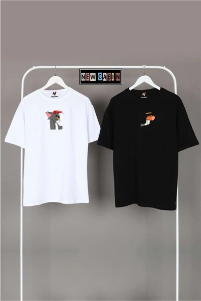 Yeni Sezon Unisex Siyah-beyaz Oversize Çift Kombinleri 2'li T-shirt ürün görseli 1