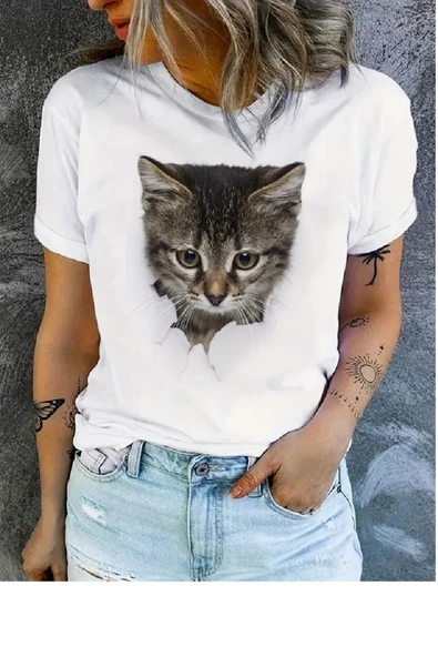 Kedi Baskılı Original Ünisex %100 Pamuklu Yeni sezon Yazlık T-shirt ürün görseli 1