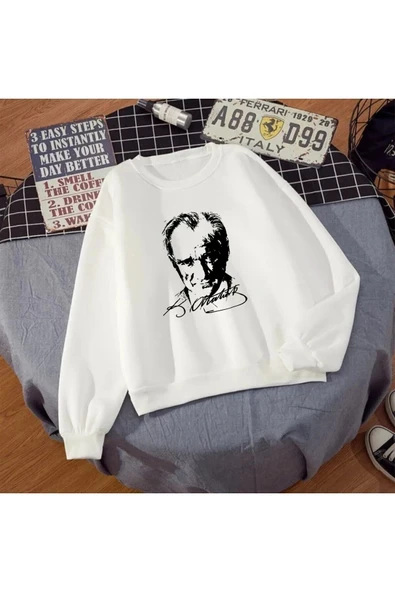 Atatürk Baskılı Unisex Kışlık Sweatshirt Beyaz ürün görseli 1