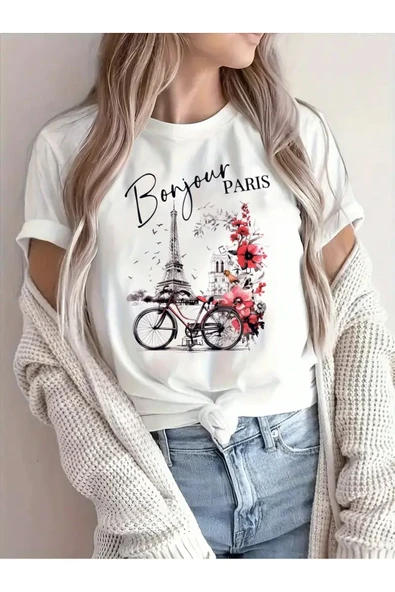 Bonjour Paris Baskılı Oversize Tshirt ürün görseli 1