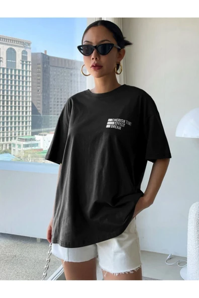 Cherısh Time Effect SIRT ve Ön Baskılı Oversize Tshirt ürün görseli 1
