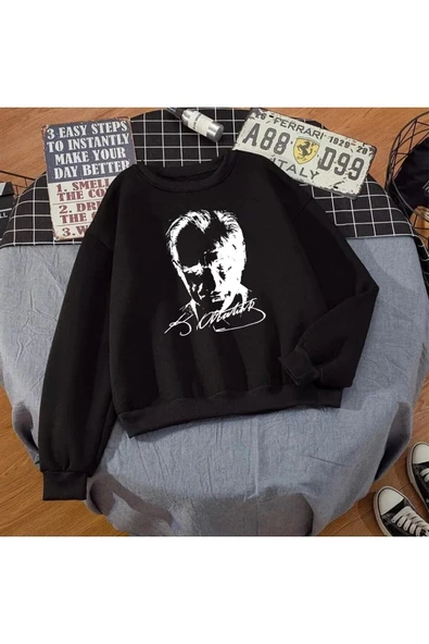 Atatürk Baskılı Unisex Kışlık Sweatshirt Siyah ürün görseli 1