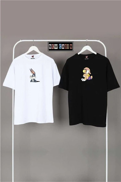 Yeni Sezon Unisex Siyah-beyaz Oversize Çift Kombinleri 2'li T-shirt ürün görseli 1