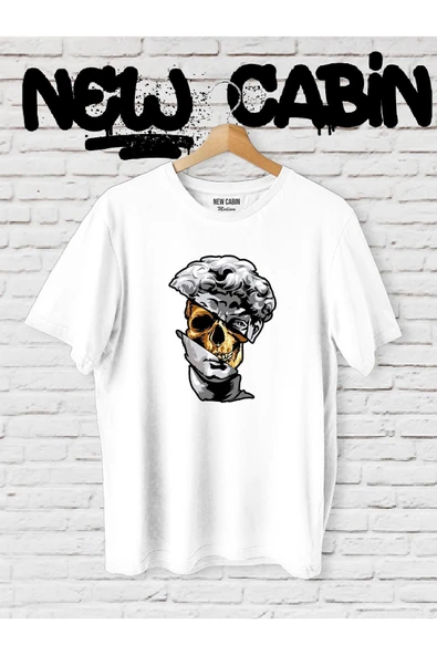 Yeni Sezon Unisex Skull Heykel Ön Baskılı Beyaz Oversize Tişört ürün görseli 1