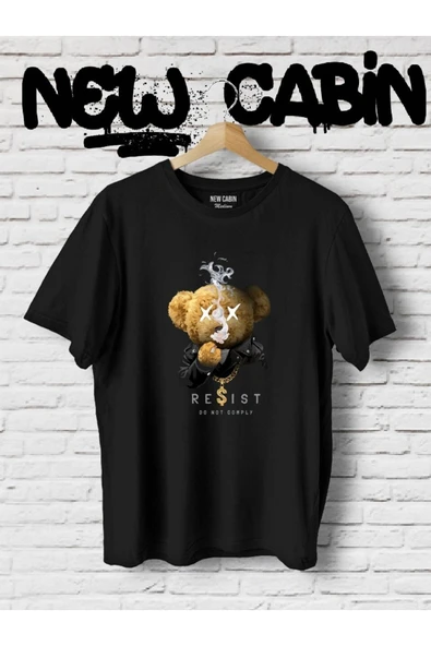 Yeni Sezon Unisex Reşist Bear Baskılı Siyah Oversize Tişört ürün görseli 1