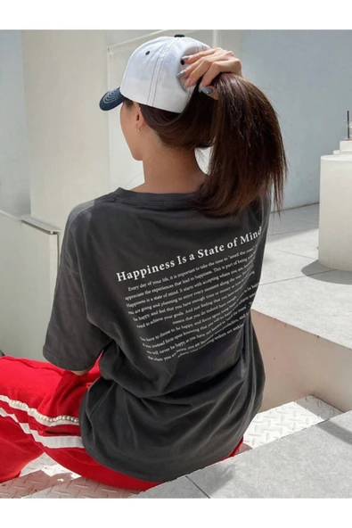 Happiness İs a State Of Mind Baskılı Oversize Tshirt ürün görseli 1