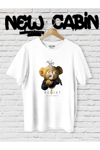 Yeni Sezon Unisex Reşist Bear Baskılı Beyaz Oversize Tişört ürün görseli 1