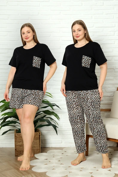 %100 Pamuk Büyük Beden 3 Parça  Kadın Pijama Takımı ürün görseli 1