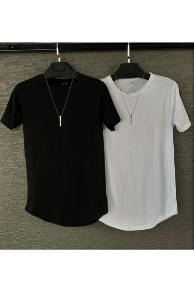 Yeni Sezon Unisex Siyah-beyaz Slim Fit Bisiklet Yaka 2'li Oval Kesimli Tişört ürün görseli 1