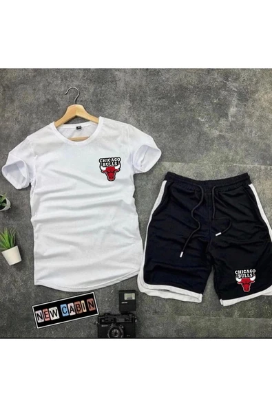 Yeni Sezon Trend Bulls Baskılı Slim Fit Oval Kesim Tshirt- Polyester Interlok Kumaş Şort 2'li ürün görseli 1