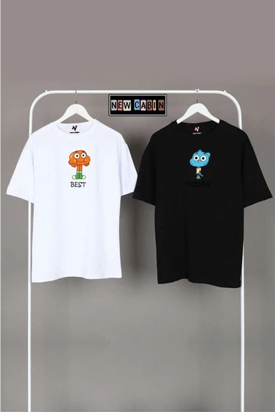 Yeni Sezon Unisex Siyah-beyaz Oversize Çift Kombinleri 2'li T-shirt ürün görseli 1
