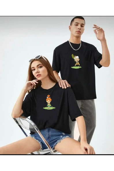 Yeni Sezon Oversize Geniş Kalıp Unisex Bambam-çakıl Siyah Sevgili Kombini Yazlık T-shirt ürün görseli 1