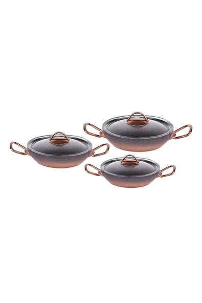 OMS PASLANMAZ 3032 - 6 Parça, Biogranit, Yapıştırmaz ( 18-20-22 Cm ) Sahan Seti, Siyah Bakır Gövde, Bakır Detay ürün görseli 1