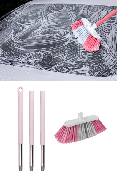 Saplı Oto Fırçası Seti, Araba Otomobil Yıkama Fırça Seti, 3 Parçalı Sap 115 cm ve Oto Fırça 20 cm Pembe ürün görseli 1