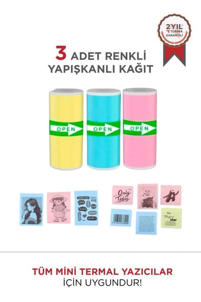 Termal Rulo Kağıt Yapışkanlı Etiket Sticker Tüm Mini Makinalarla Uyumlu 1 Paket (3 Adet) Renkli ürün görseli 1