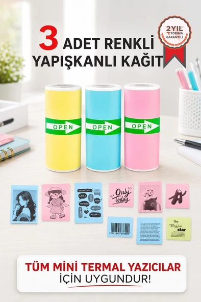 Termal Rulo Kağıt Yapışkanlı Etiket Sticker Tüm Mini Makinalarla Uyumlu 1 Paket (3 Adet) Renkli ürün görseli 1