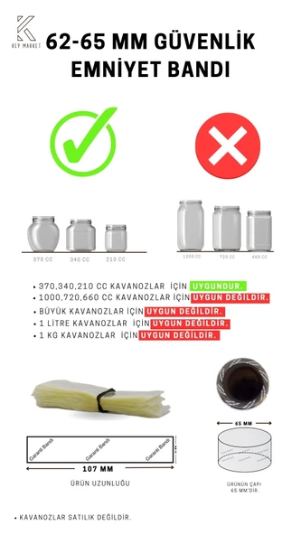 Standart Kavanoz Güvenlik Emniyet Bandı 100 Adet, 62-65mm Ağız Çapına Uygun, 107x30mm Boyut, Baskısız ürün görseli 1