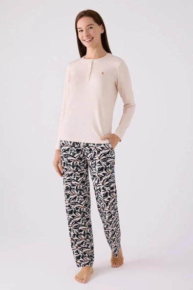 Arnetta 3113 Kadın Desenli Düğmeli Uzun Kollu Pijama Takımı ürün görseli 1