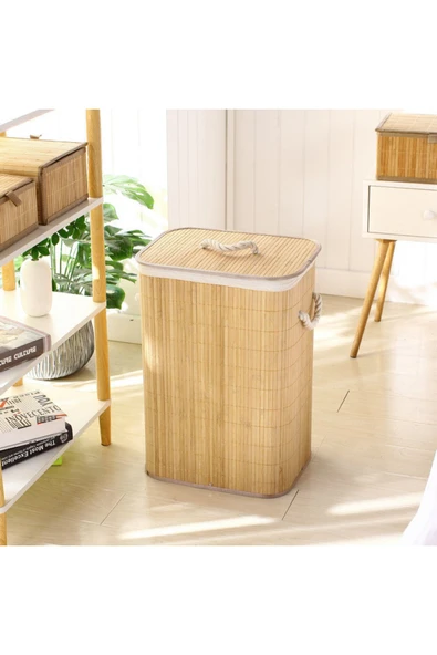 Akkoyunlu home Bambu Katlanır Dikdörtgen Kirli Çamaşır Sepeti 60 L ürün görseli 1