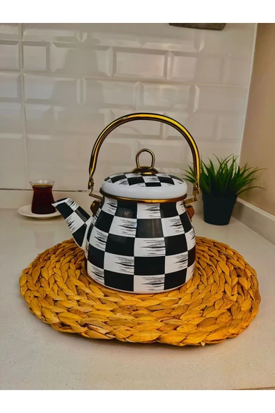 Akkoyunlu home Dama Desen Gold Kulplu Emaye Demlik ürün görseli 1