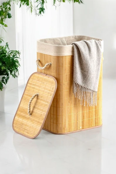 Akkoyunlu home Bambu Hasır Çamaşır Sepeti Kare Kirli Çamaşır Sepeti İpli Naturel Doğal (40x30x50 cm) ürün görseli 1