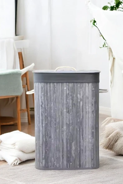 Sezka Life Bambu Gri Hasır Çamaşır Sepeti Dikdörtgen Kirli Çamaşır Sepeti İpli Naturel Doğal ürün görseli 1