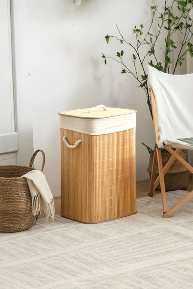Sezka Life Bambu Hasır Çamaşır Sepeti Kare Kirli Çamaşır Sepeti İpli Naturel Doğal (40x30x50 cm) ürün görseli 1