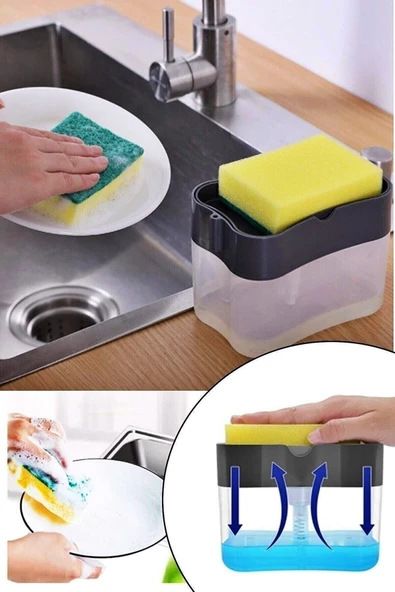 Akkoyunlu home Pompalı Sıvı Sabunluk Sıvı Deterjanlık Pompalı Sünger Hazneli Sıvı Sabun Dispenseri 385ml ürün görseli 1