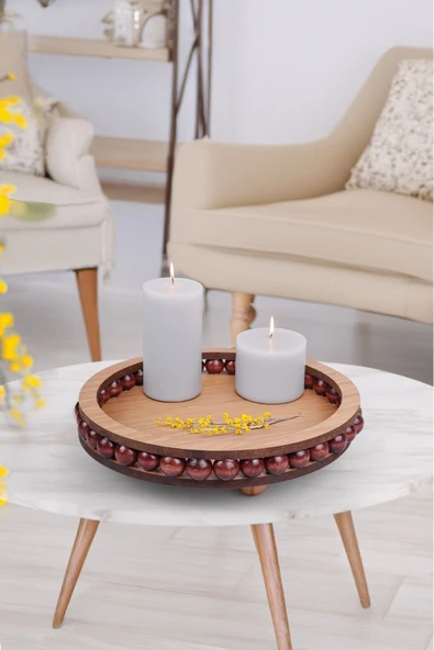 Akkoyunlu home Ahşap Boncuklu 25 cm Yuvarlak Küçük Dekoratif Tepsi Banyo,Ev,Dekor Tepsisi Mumluk ürün görseli 1