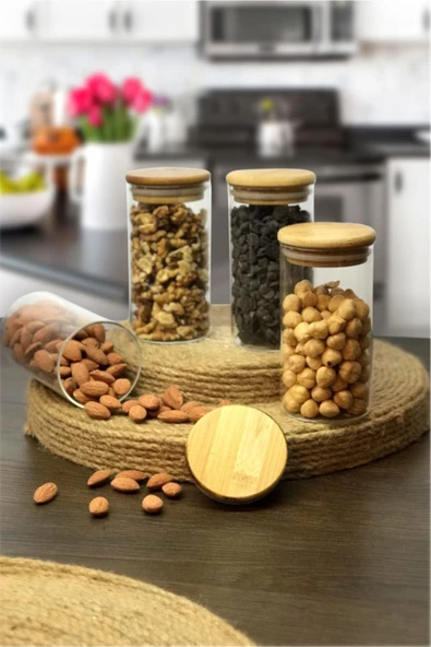 Sezka Life 300ml 4 Adet Bambu Vakum Kapaklı Cam Kavanoz Seti - 6 X 12cm ürün görseli 1