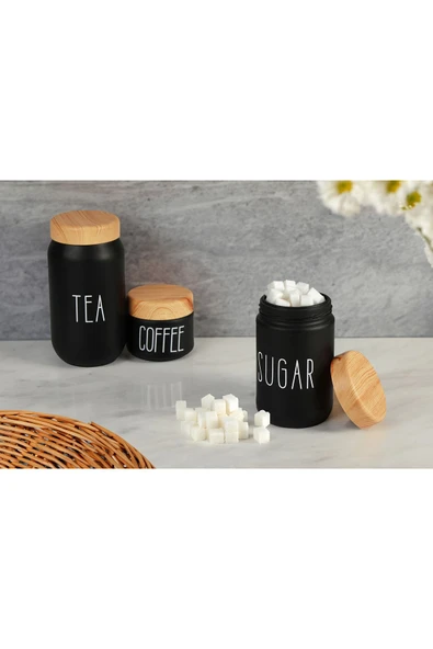 Akkoyunlu home 3 Boy Çay Kahve Şeker Kavanozu Cam Kavanoz Seti Ahşap Görünümlü (Plastik) Kapak ürün görseli 1