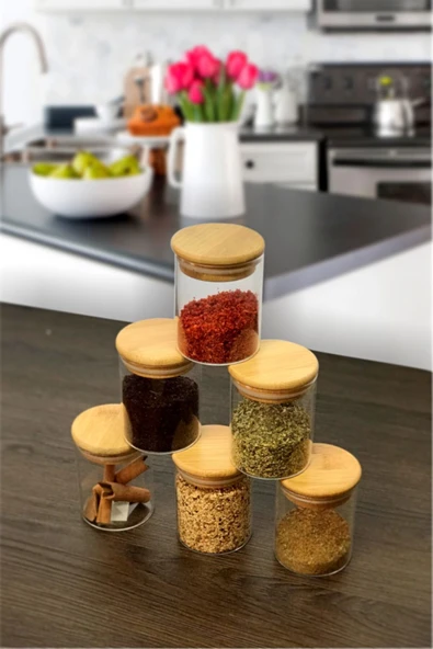 Sezka Life 200ml 6 Adet Bambu Vakum Kapaklı Mini Cam Kavanoz Seti (6.5 Cm X 9cm) ürün görseli 1