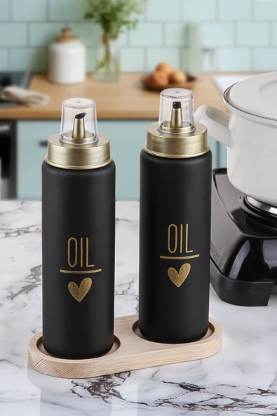 Akkoyunlu home Damlatmaz Yağdanlık Takımı 2'li Cam Yağlık Sirkelik Seti ve Ahşap Altlığı 500ml SİYAH ürün görseli 1