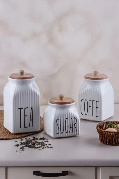 Akkoyunlu home 3 Boy Bambu Kapaklı Vakumlu Çizgili Kavanoz Seti Baharatlık Takımı (TEA-SUGAR-COFFE) ürün görseli 1