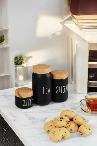 Akkoyunlu home 3 Boy Çay Kahve Şeker Kavanozu Cam Kavanoz Seti Ahşap Görünümlü (Plastik) Kapak ürün görseli 1