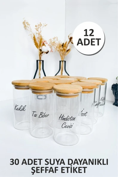 Sezka Life 12 Adet Bambu Kapaklı Borosilikat Baharatlık Kavanoz 30 Adet Suya Dayanıklı Şeffaf Etiket-6x12-300ml ürün görseli 1