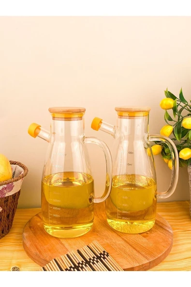 Akkoyunlu home Bambu Kapaklı Vakumlu Borosilikat 2 'Li Set Oval Cam Yağlık Sirkelik 1000 Ml ürün görseli 1
