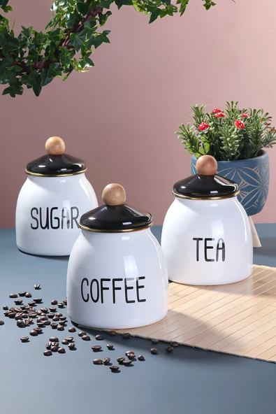 Akkoyunlu home Emaye 3'lü Sugar-Tea-Coffe Kavanoz Takımı Emaye Kavanoz Seti 3 Boy Tezgah Üstü Set ürün görseli 1